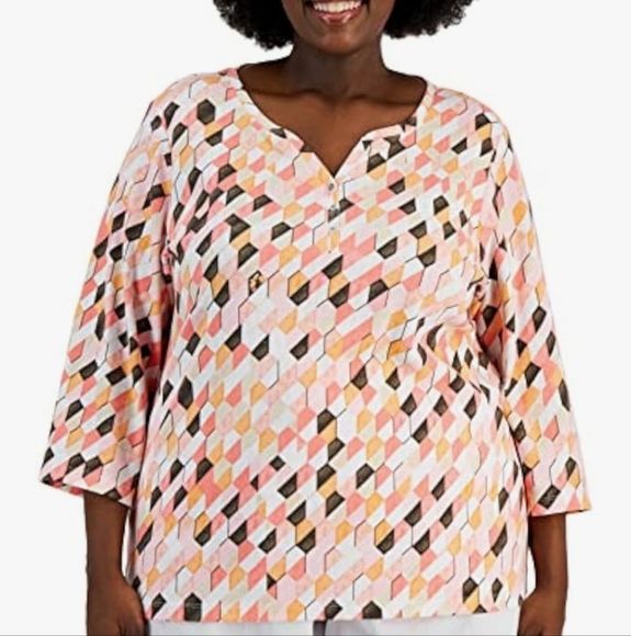 NWT Karen Scott Women's Geo-Print Henley Top M - Picture 1 of 6